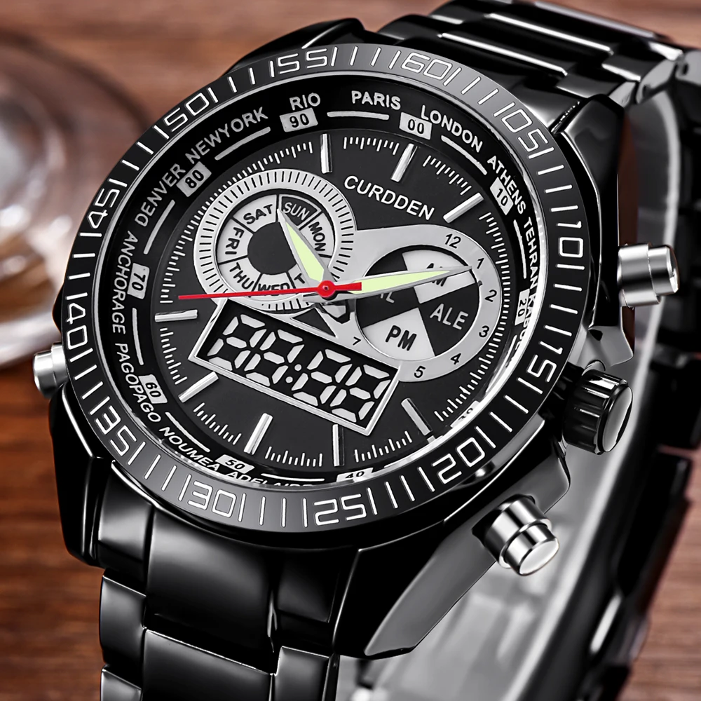 

CURDDEN Brand Chronograph Men's Watch Digital Men Full Steel Led Watch Mens Japan Movt Fashion Waterproof Relogio Masculino