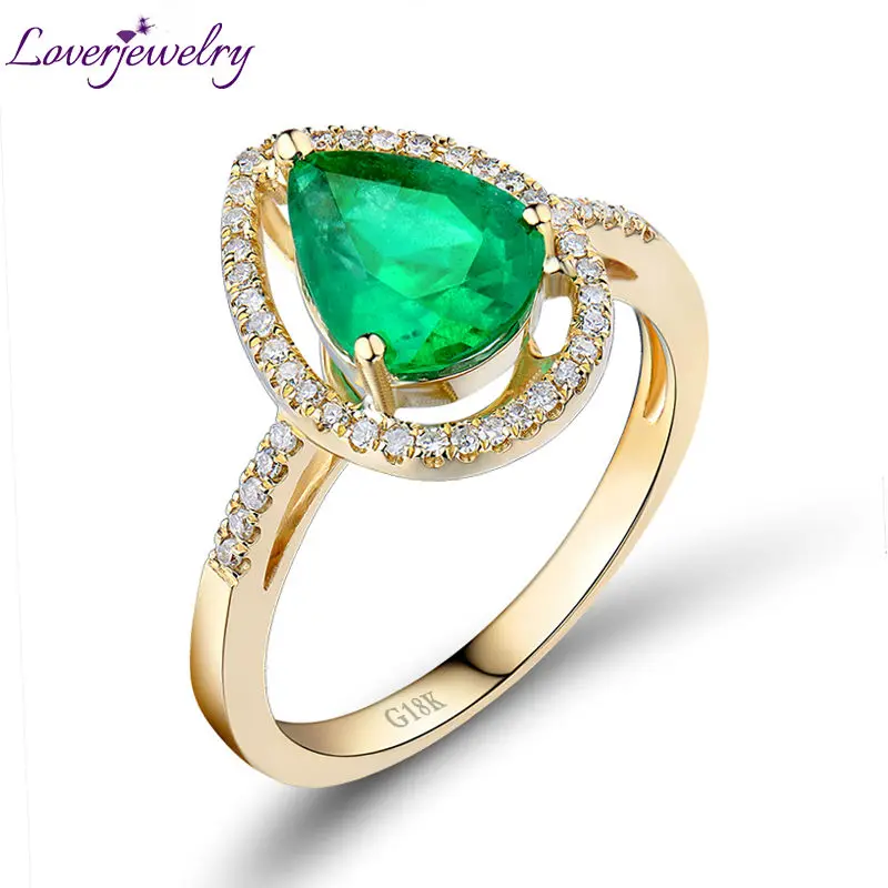 

LOVERJEWELRY Pure 18kt Yellow Gold Natural Diamond Green Emerald Rings Pear 7x9mm Gemstone Lovely Design Jewelry For Women