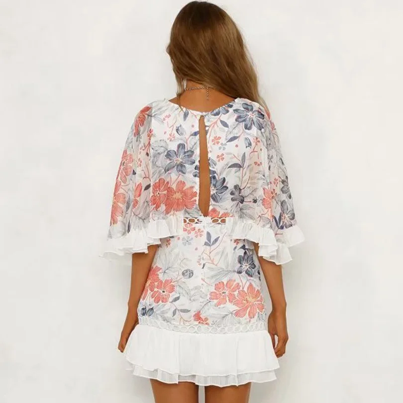 Оборками летнее платье Цветочный принт выдалбливают крючком Flounce Dress Для