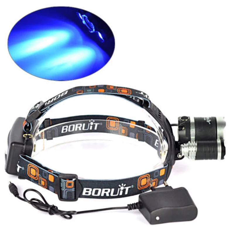 

BORUIT 5000LM 3x XM-L T6 White+2R2 Blue LED Headlamp Headlight Head Torch 18650