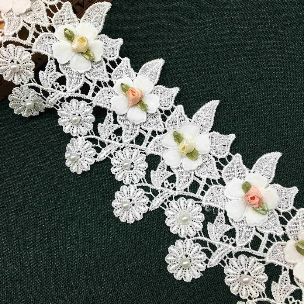 

1yd 3D растворимый белый жемчуг роза цветок вышитые кружева отделка ленты ткань шитье ремесло для костюма свадебное платье украшение