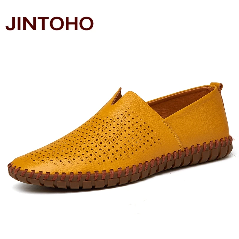 JINTOHO/Мужская обувь из натуральной кожи; модная обувь без шнуровки для мужчин; итальянские кожаные мужские лоферы; брендовая мужская обувь; большие размеры - Цвет: huang zong with hole