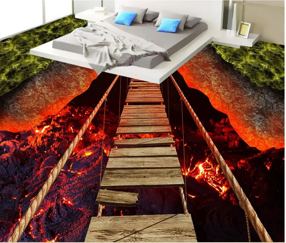 Фото обои для пола стены на заказ 3D стереоскопический мост вулканическая лава