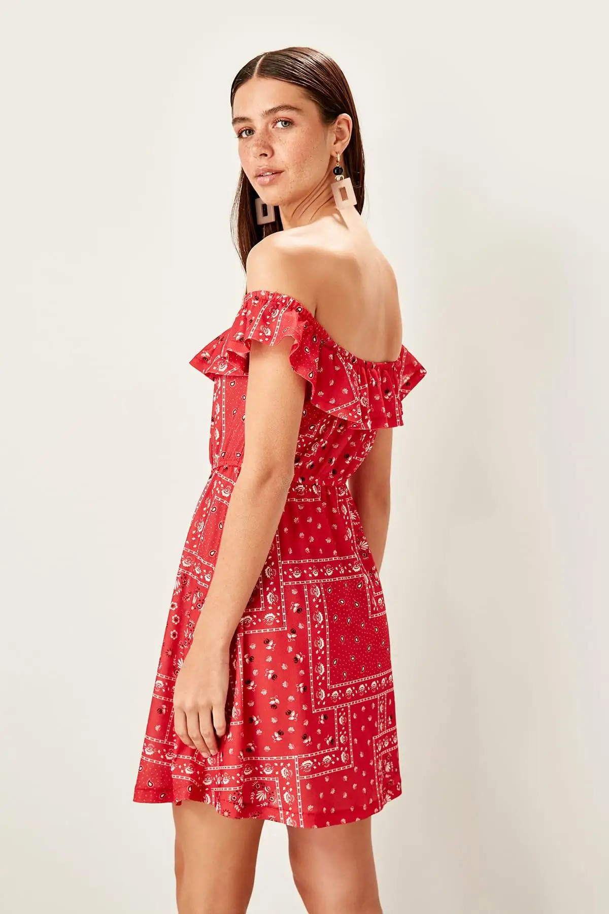 Trendyol красный Кармен воротник узор трикотажное платье TWOSS19ST0144|Женские платья| |
