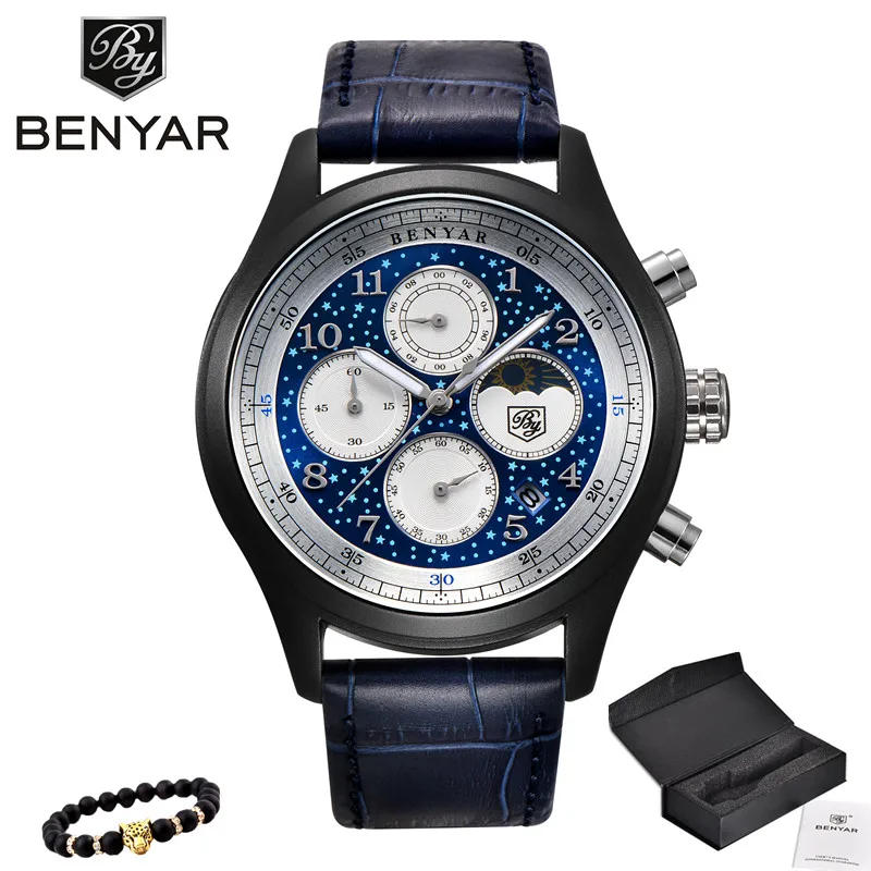 5122-L blue white BENYAR Бизнес Мужские часы Moon Phase кожа кварцевые часы с хронографом спортивные военные водонепроницаемые мужские наручные часы - Цвет: 5122-L blue white