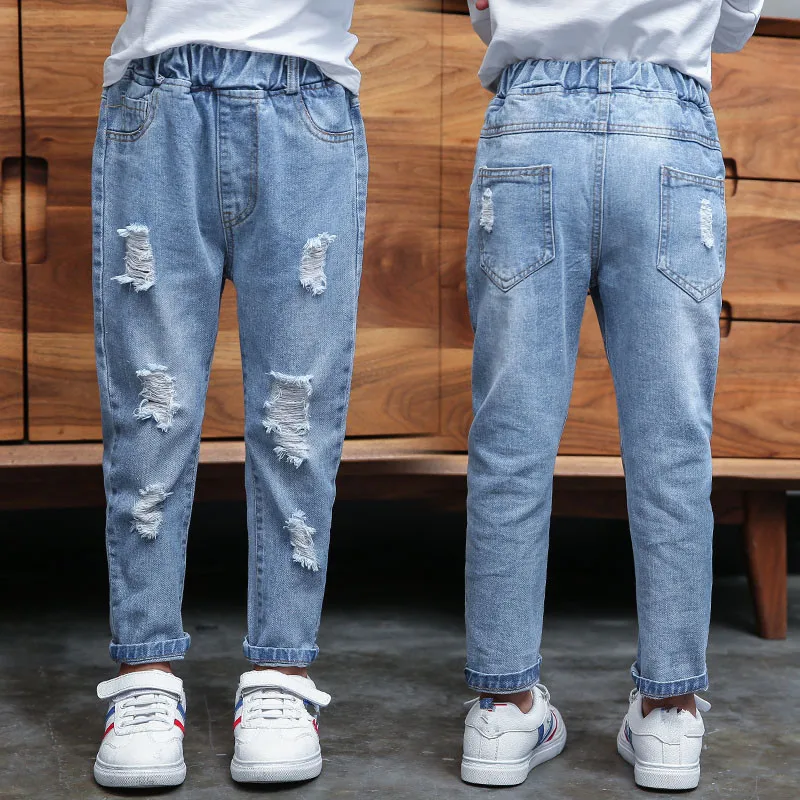 2018 Демисезонный джинсы для девочек с дырками Детские Твердые упругие талии школы