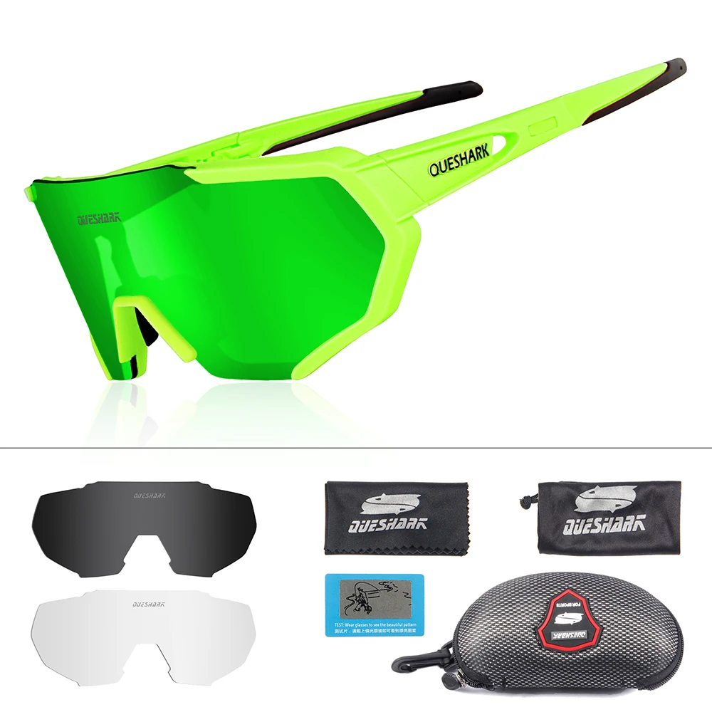 Fluo Green Поляризованные велосипедные очки Queshark Профессиональный 3 объектива/комплект TR90 рамка HD зеркальные поляризованные солнцезащитные очки для езды на велосипеде, большой Размеры очки, спортивные очки, очки - Цвет: Fluo Green