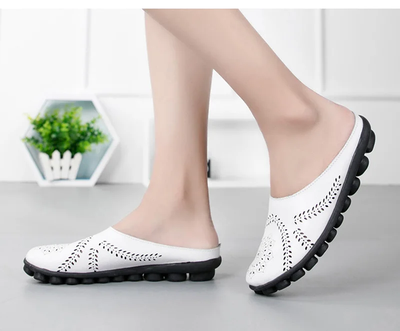 Women Flats Breathable Summer Genuine Leather Shoes Women Casual Slip On Loafers Plus Size 44 Mocassin Femme Nurse Flat Shoes