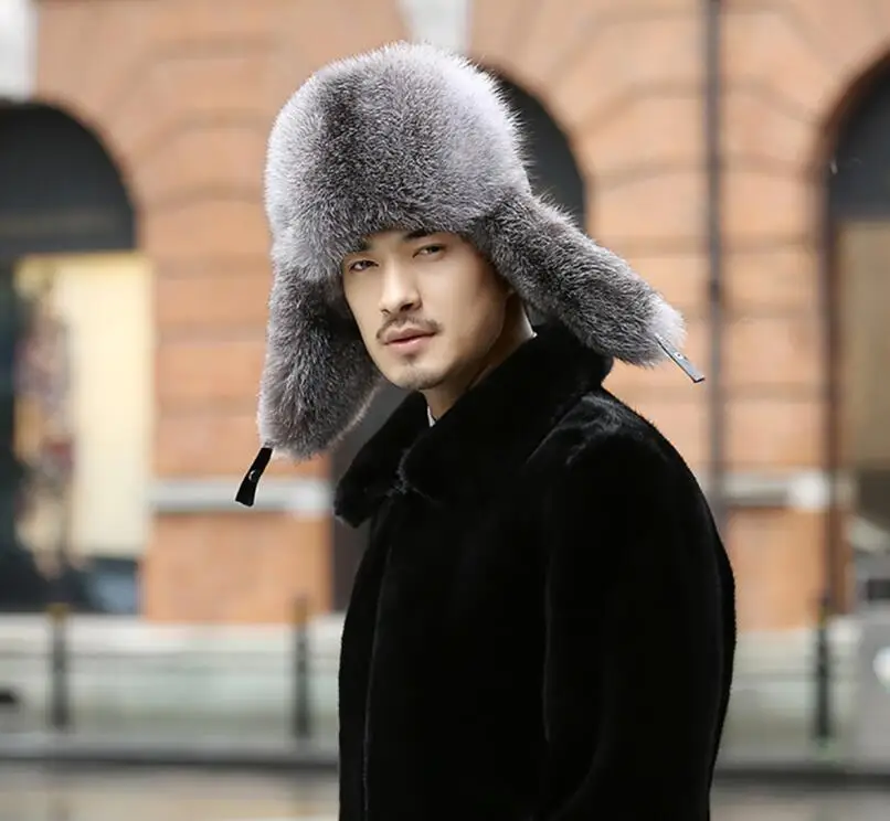Silver Fox Fur Мужские шапки-бомберы, зимняя теплая русская ушанка, шапка с ушками, Натуральная овечья кожа, топ из натурального меха, бейсболка для мужчин для папы - Цвет: Silver Fox Fur