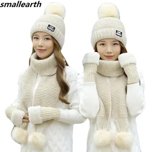 Модный женский зимний комплект из шапки, шарфа и перчаток, теплая плотная шапка и перчатки для девочек, комплект из трех предметов, однотонный вязаный набор шапки и шарфа для женщин