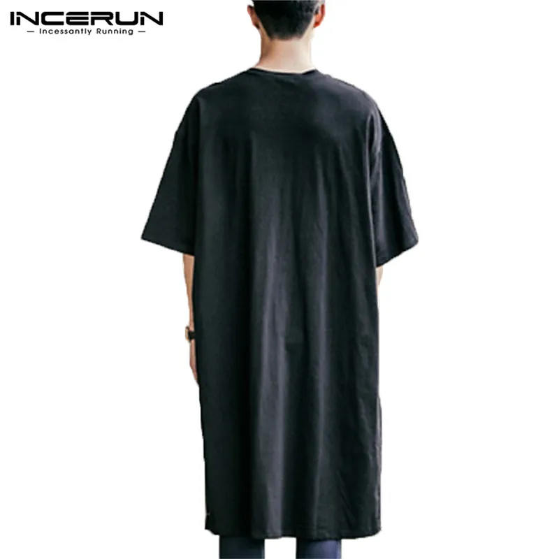 INCERUN, новая мода, Мужская футболка, короткий рукав, хип-хоп, одноцветная, длинная, футболка, Топы, уличная, Корейская, повседневная, удлиненная, Мужская футболка, 5XL
