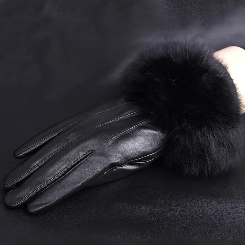 

2021 High Quality Womens Gloves Luxury Fur Black Short Gloves Fashion Solid Motorcycle Gloves Elegant Luva Feminina Inverno
