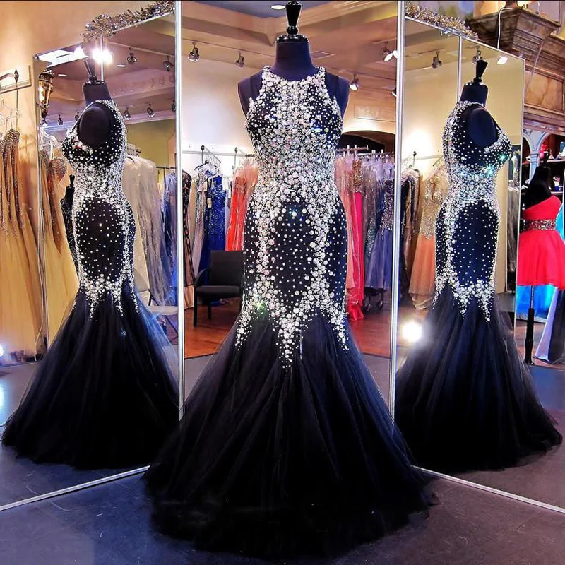 Высококачественные роскошные блестящие черные платья русалки со стразами для