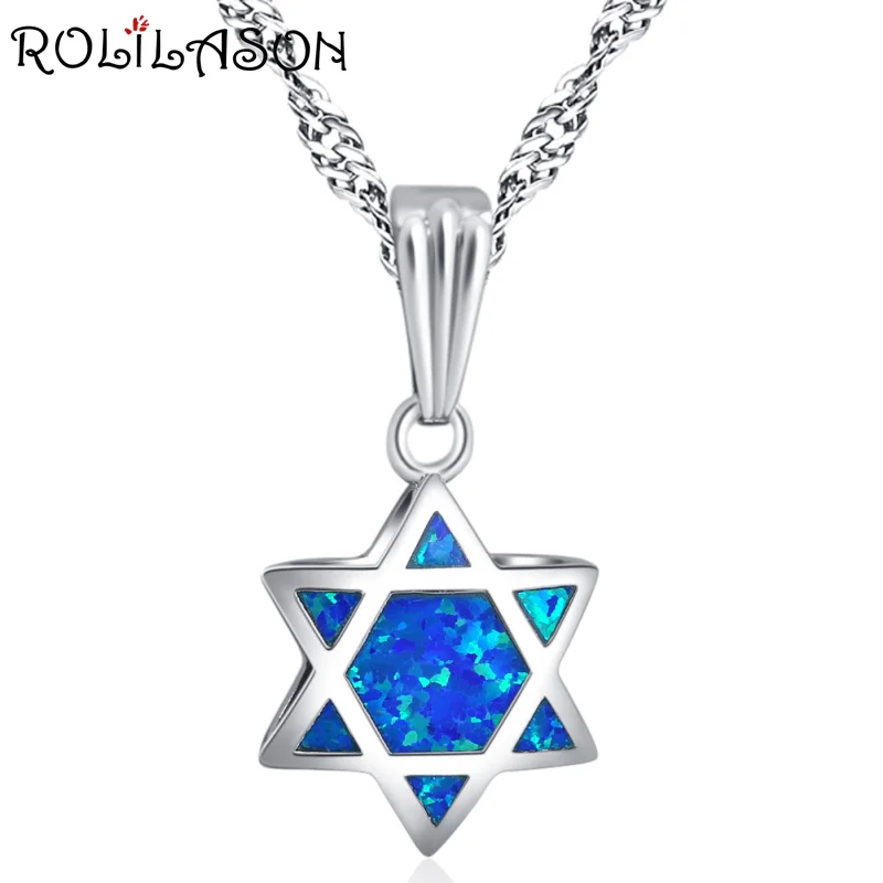 

ROLILASON Double-sided blue and white fire opal shape 925 Silver for girl Necklace pendant Fashion Jewelry OP820