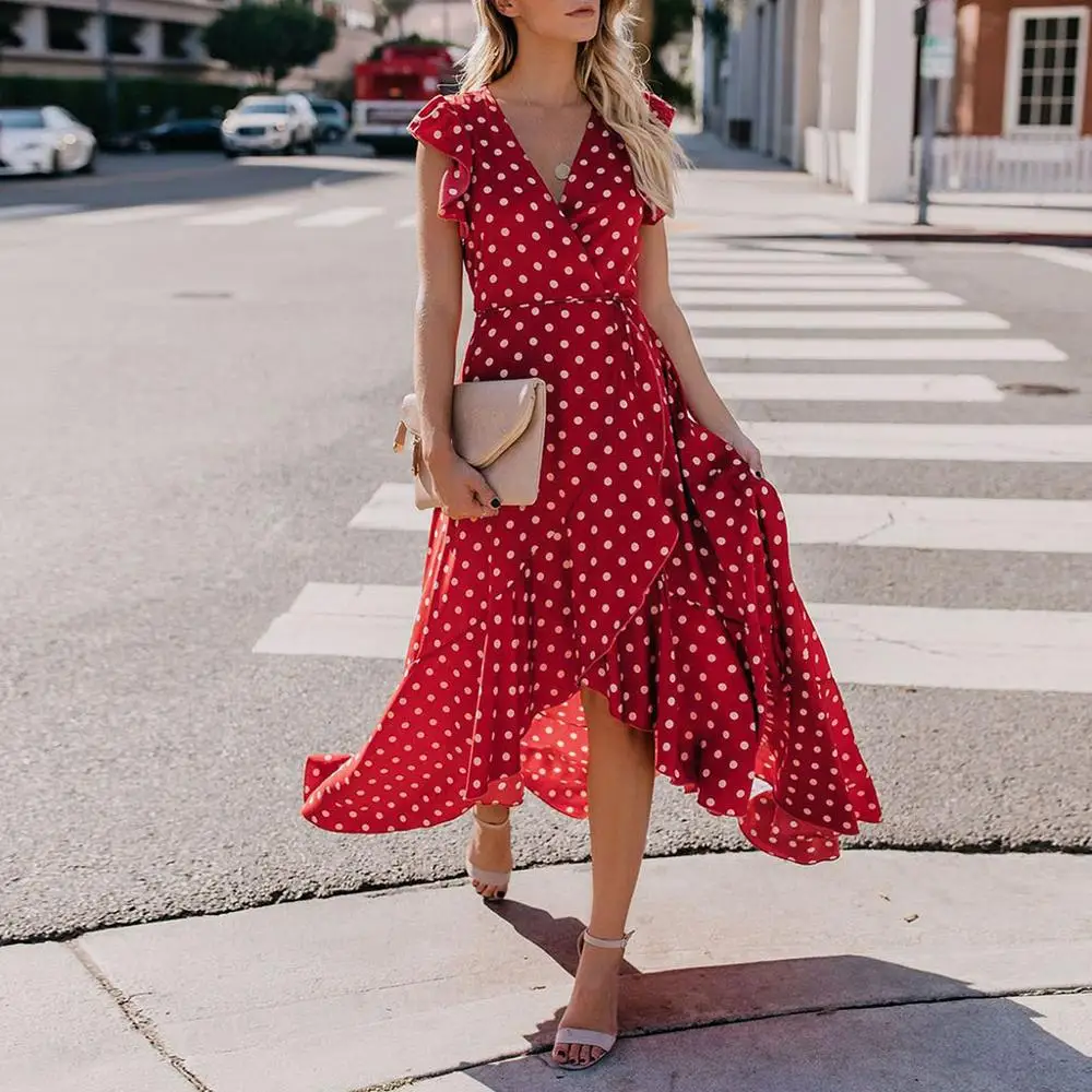 Женское однотонное пляжное платье в горошек без рукавов с v-образным вырезом