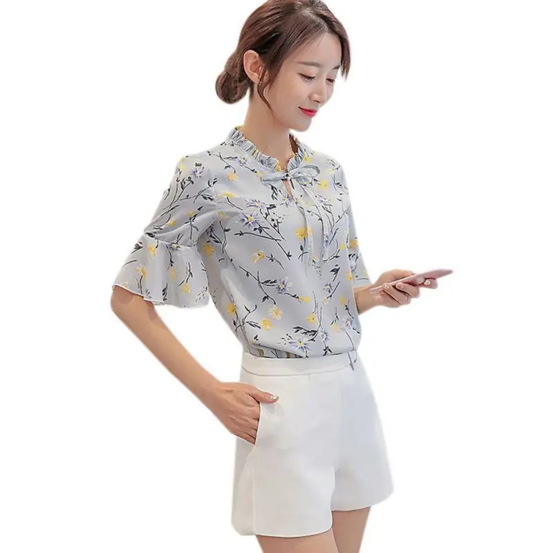 Женская шифоновая блузка женская летняя рубашка с цветочным принтом Модный