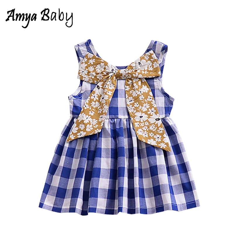 AmyaBaby/платье на день рождения для маленьких девочек летнее голубое клетчатое
