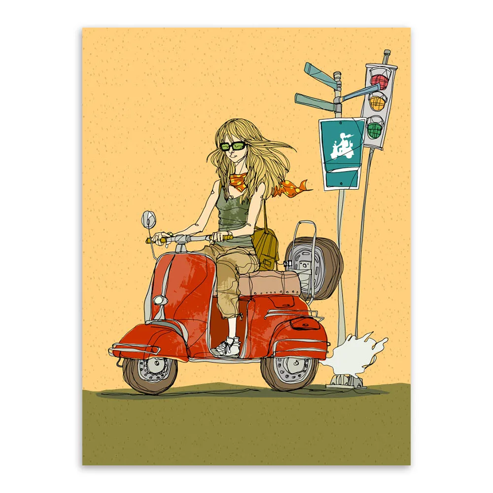 Девушка желтый мотор современный рок Рисунок A4 плакат Принт японский мультфильм