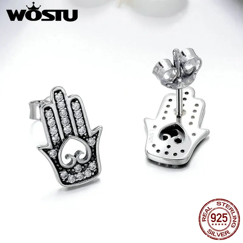 WOSTU 100% стерлингового серебра 925 Фатима Хамса рука сердце серьги гвоздики для