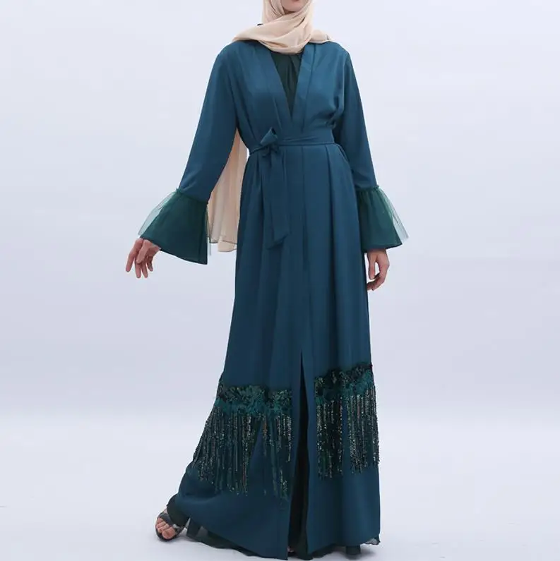 Dark green cardigan Кимоно абайя с блестками и кисточками, Дубайский хиджаб, мусульманское платье, турецкий кафтан, абайя s, Женский кафтан, мусульманская одежда, халат, женский кардиган - Цвет: Dark green cardigan