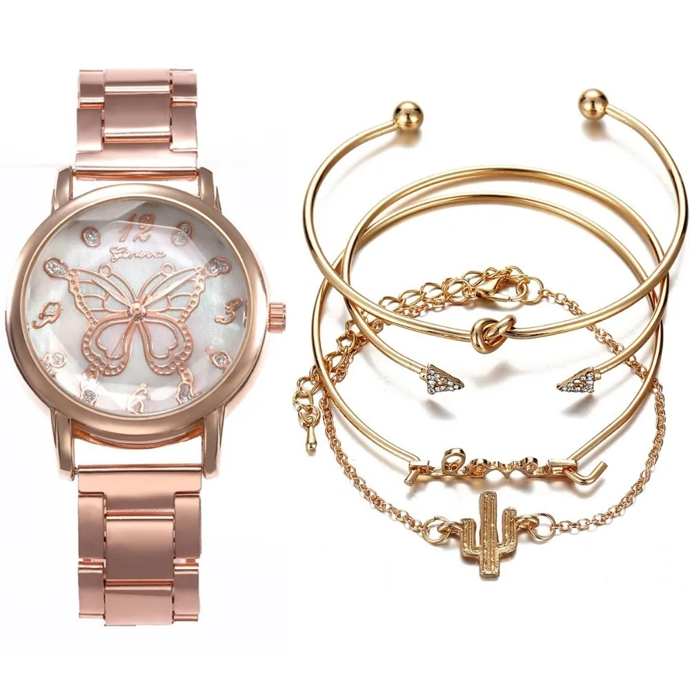 Rose gold 5 шт./компл. Элитный бренд Наручные часы Для женщин Нержавеющая сталь ремешок часы представительского класса Дамские Кварцевые Часы Relogio Feminino браслет часы Reloj - Цвет: Rose gold