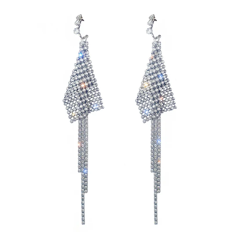 Long Tassel Crystal Drop Earring for Women Bijoux Shiny Silver Color Sequin Rhinestone Dangle Earrings Statement Jewelry | Украшения и
