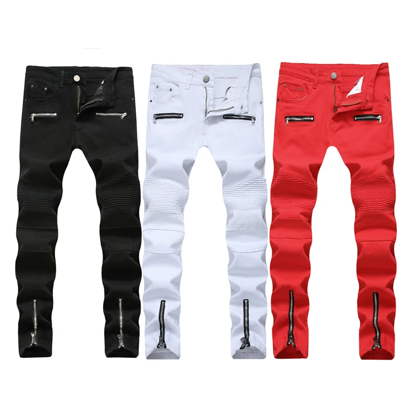 With zipper Hip hop casual trousers hombre famous brand biker motorcycle Ripped Denim Slim straight jean homme masculina | Мужская