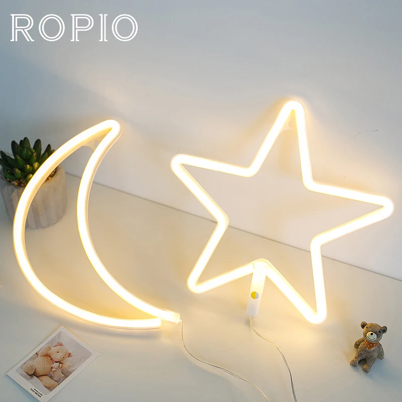 

ROPIO 3D Star Moon Shape LED Night Light Wall Hanging Neon Light for Festival Party Garden Wedding Decoration USB Battery Power