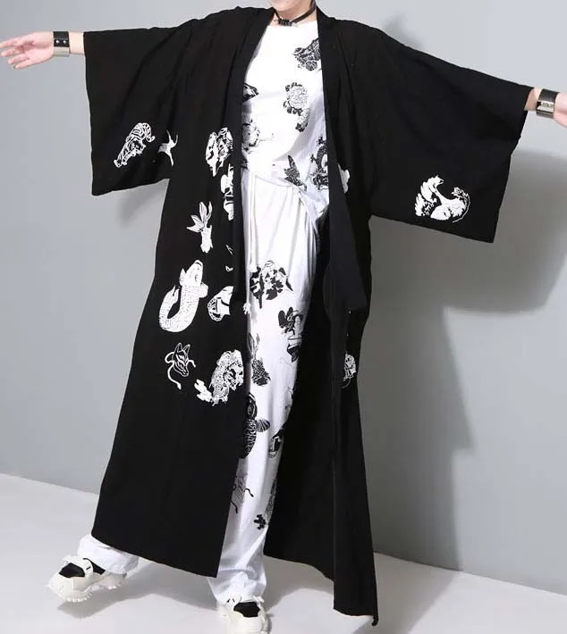 Новые японские Харадзюку бурные BF ветер ukiyo-e окрашенные монстр и ветер татуировки печати Длинные куртки типа кимоно - Цвет: Black