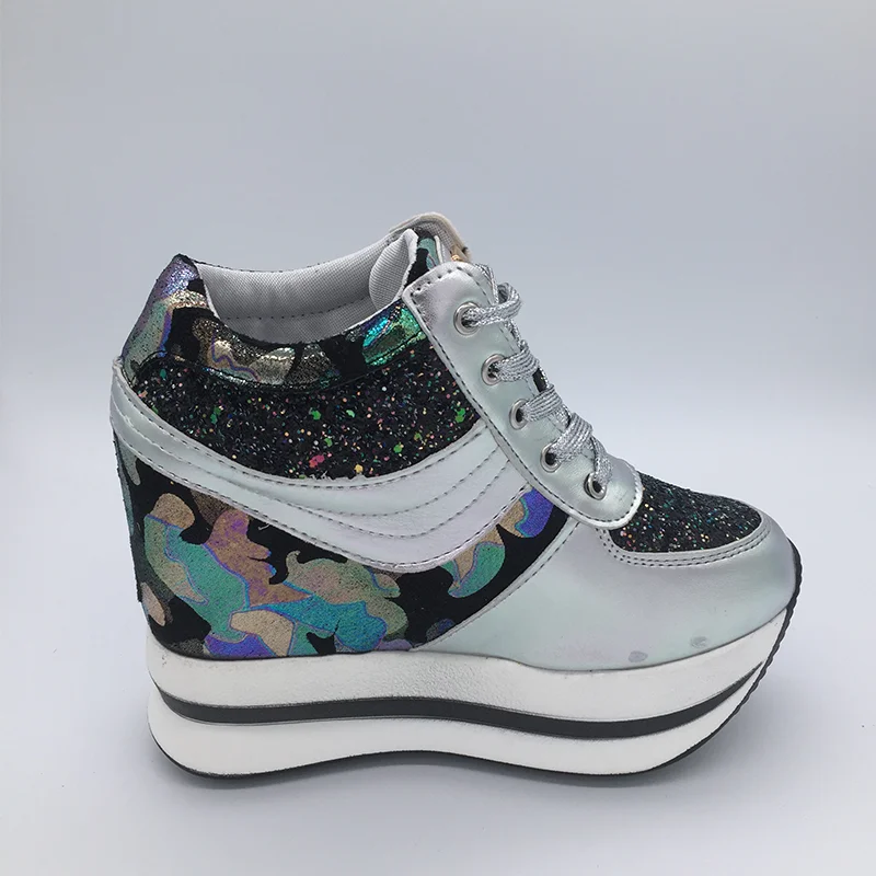 BANGJIAO New Fashion Bling High Heels Lady Casual Shoes Ladies Wedge Platform Sneakers Women 11CM Dwing Dlimming Shoes