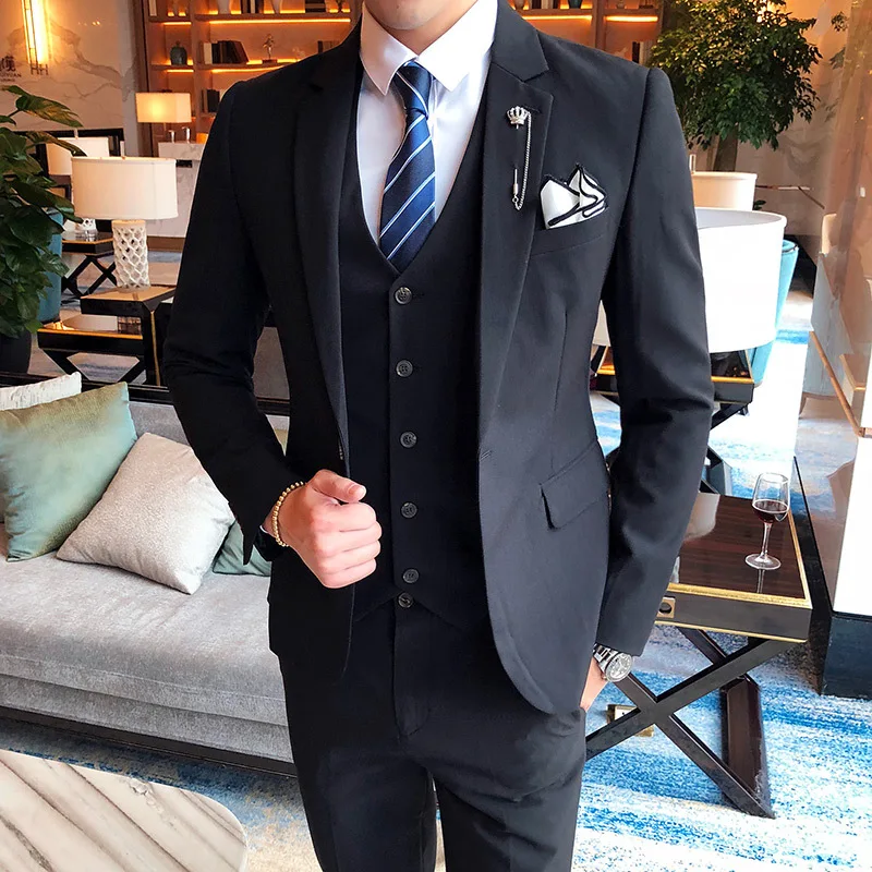 

Ropa Hombre Formal Solid Color One Button Business 3-piece Blazers Pants Vest Sets Business Groom Wedding Dress