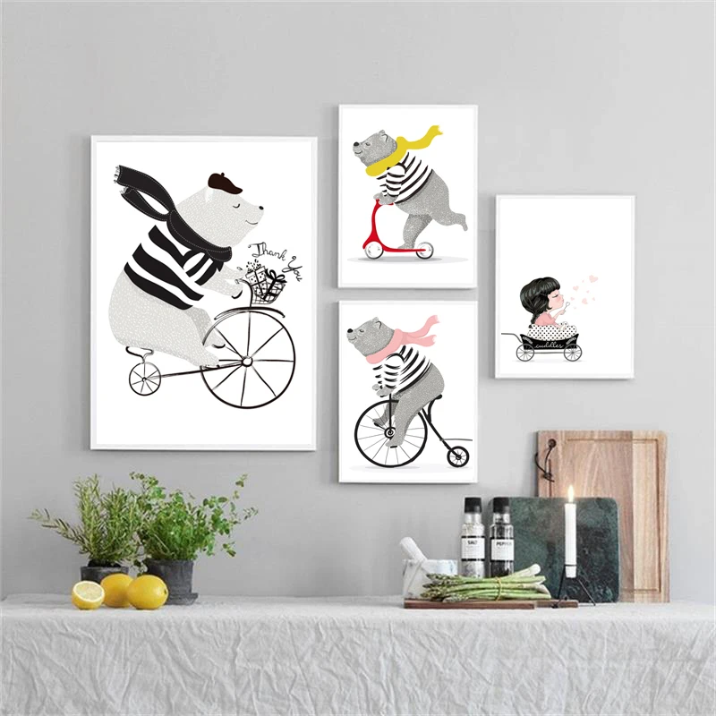 Езда на велосипеде и медведя Плакаты для девочек принты настенные картины