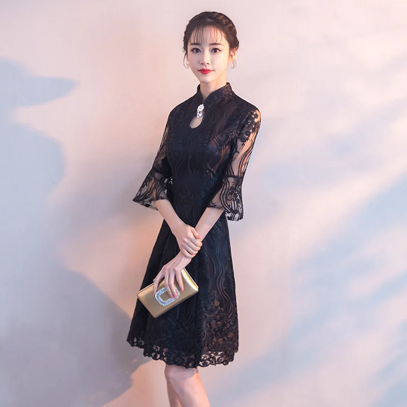 Черное традиционное китайское платье Qipao женские вечерние платья винтажное