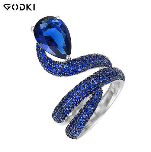 Blue GODKI, роскошное обручальное кольцо со змеиным намоткой для женщин, свадебные кубические циркониевые аксессуары из Дубая, кольцо на палец, ювелирное изделие - Цвет основного камня: Blue