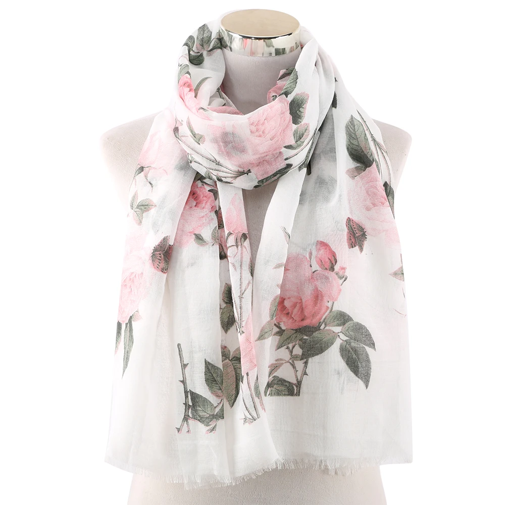 

Winfox Fashion Pink White Women Flower Floral Viscose Scarves Shawls and Wraps Lady Scarf Foulard Muslim Hijabs