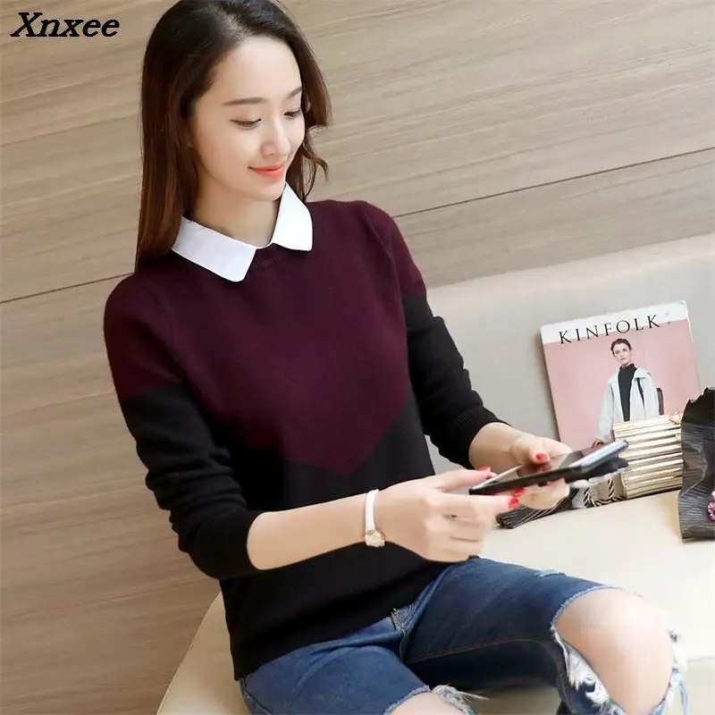

Xnxee 2018 new Korean women's knitted color shirt shirt collar sweater Xnxee