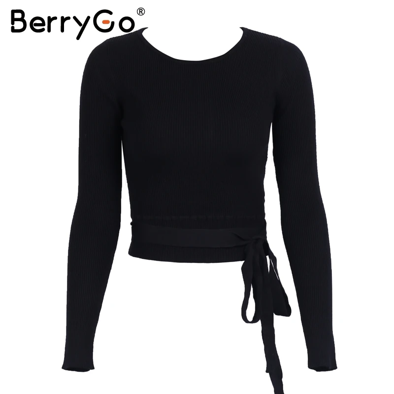 BerryGo Повседневный вязаный свитер на завязках Женский облегающий тонкий джемпер