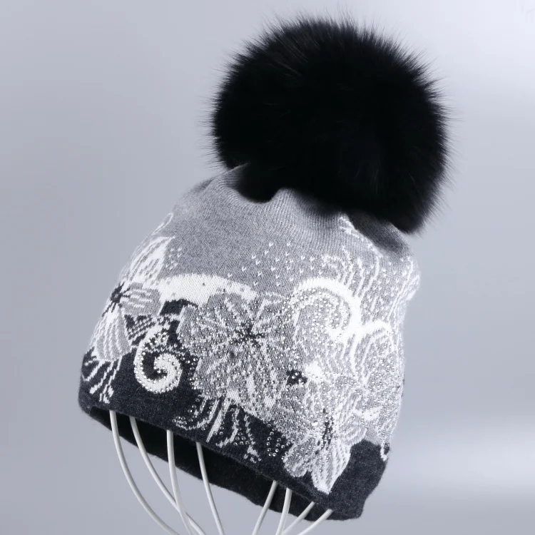 Fox Pompom Новые женские кашемировые зимние шапки с натуральным лисьим мехом, шапка с меховым помпоном с цветочным рисунком, теплая Толстая шерстяная брендовая зимняя шапка из меха норки, новинка - Цвет: Fox Pompom