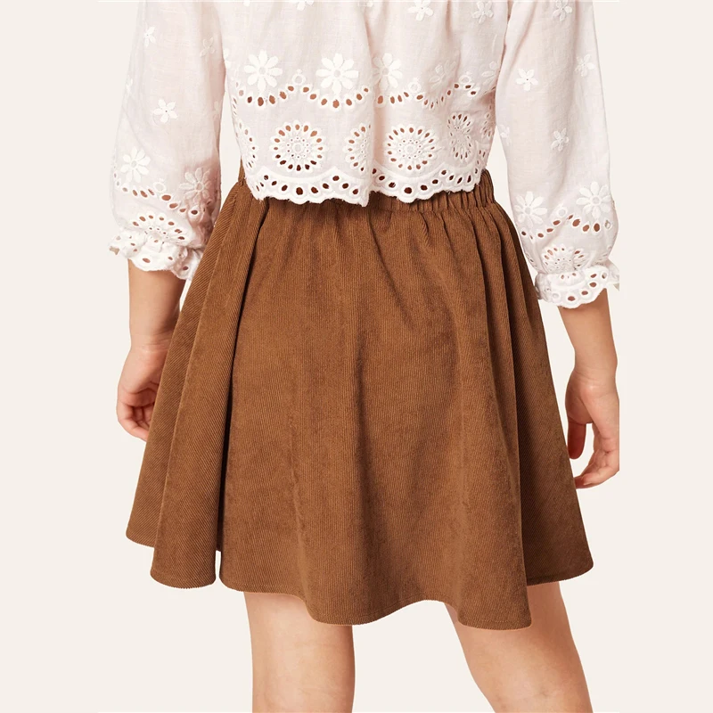 SHEIN Kiddie/коричневая однотонная повседневная детская юбка с пуговицами спереди детская одежда г. Летние расклешенные мини-юбки трапециевидной формы с эластичной резинкой на талии для девочек