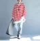 Clobee, XXXL, 4XL, 5XL размера плюс, Женская свободная Полосатая туника, осень, новинка, пэчворк, хлопок, верх размера d, рукав летучая мышь, harajuku, футболка - Цвет: Красный