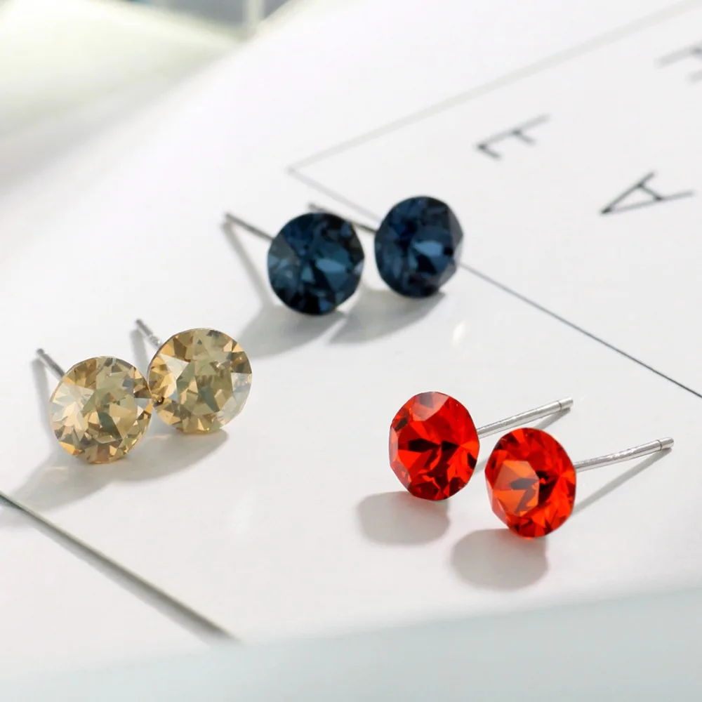 Женские серьги гвоздики с кристаллами Neoglory простые круглые белые/розовые/синие 3