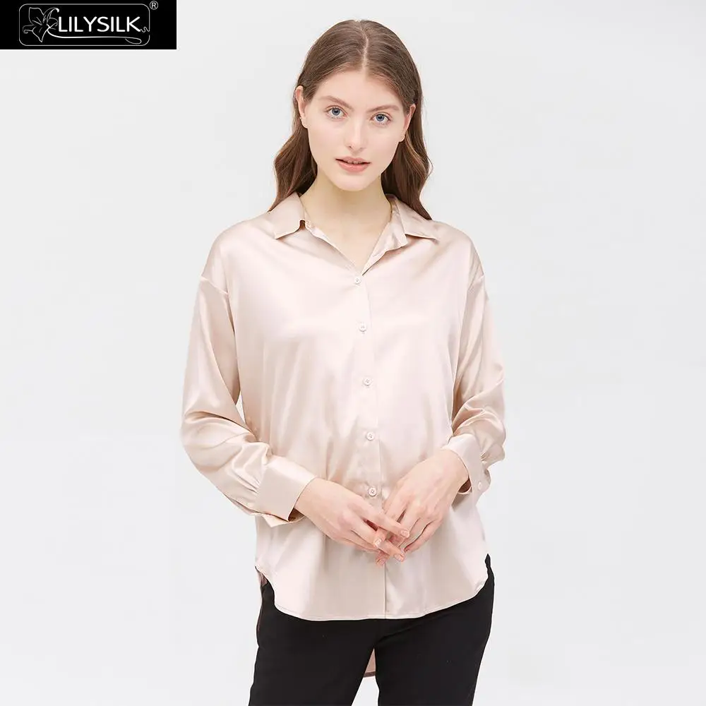 Light Beige LilySilk шелковая блузка рубашка Женская Повседневная стильная Базовая Женская Новая - Цвет: Light Beige