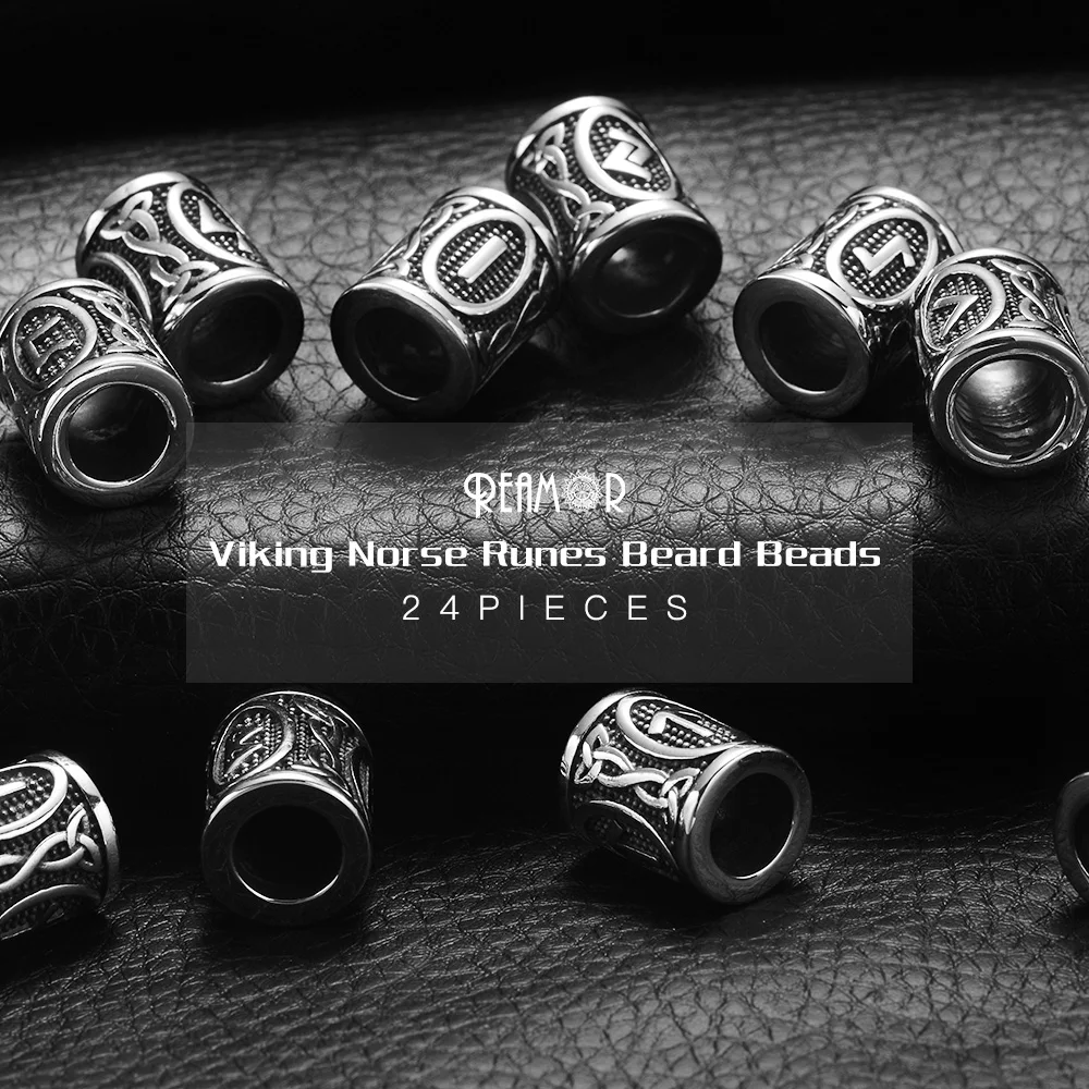 

REAMOR 24 Styles Stainless Steel Viking Norse Runes Beard Spacer Beads 8mm Big Hole Futhark Bead For DIY Bracelet Jewelry Making