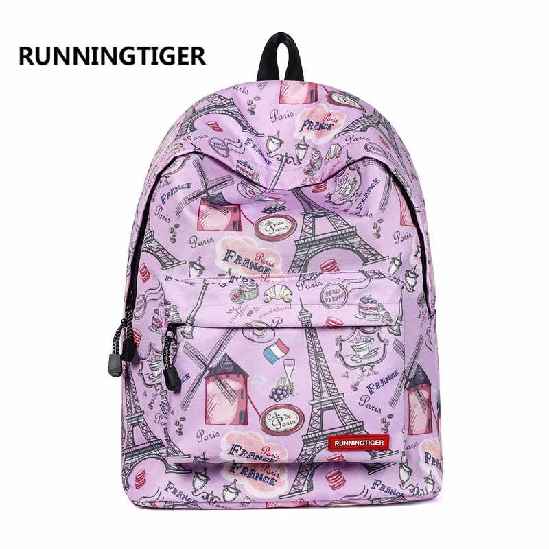 

RUNNINGTIGER Canvas School Backpack for Teenage Girls Pink Eiffel Tower Printed Women Backpack Casual Rucksack Mochila Escolar