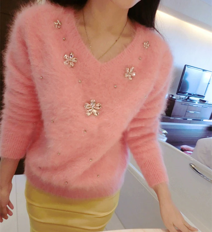 HAMALIEL Pink Knitting Sweater 2019 Autumn Winter Diamonds Beading Mink Cashmere Long Sleeve Casual Thick V Neck Loose Pullovers | Женская