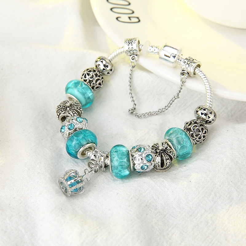 HOMOD 2019 New European Fashion Jewelry Crown Charm Bracelets &amp Bangles Blue Beads fits Brand for Woman | Украшения и