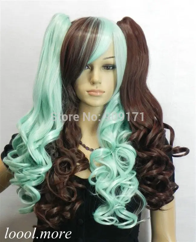 Доставка ** Новый Длинные Волнистые Темно-коричневый + Синий Mix Сплит Косплей