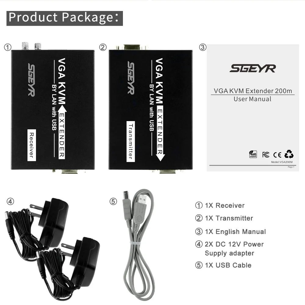 

SGEYR 656ft VGA KVM Extender USB Keyboard Mouse K/M Extensor Extender over Single UTP CAT5e/6 RJ45 Splitter up to 200m
