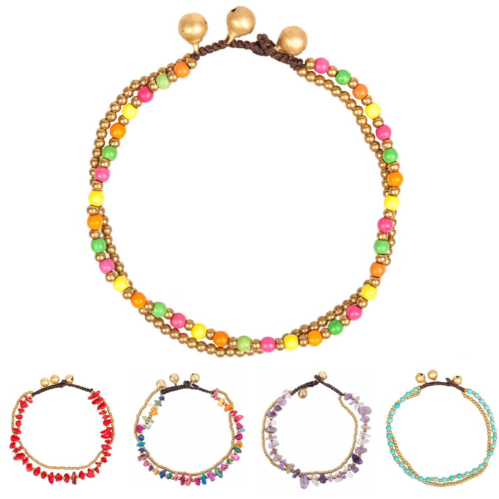 Женский браслет на щиколотке Boho двухслойный ручной работы с камнями и бусинами