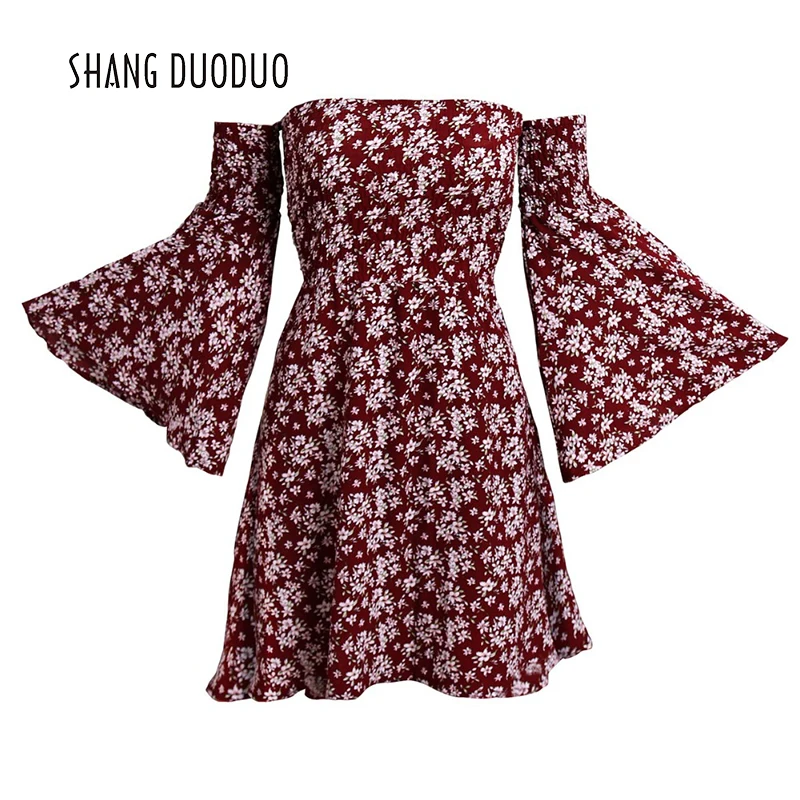 Новый стиль slash шеи летние платья женщин с плеча flare рукавом печати mini dress vestidos